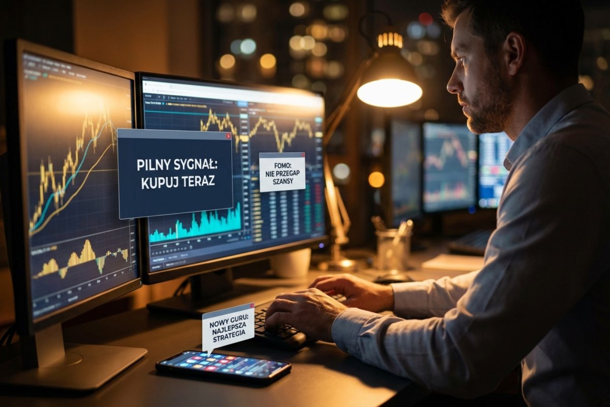 FOMO, media społecznościowe i higiena informacyjna — trader otoczony ekranami z powiadomieniami, sygnałami i szumem informacyjnym niszczącym dyscyplinę