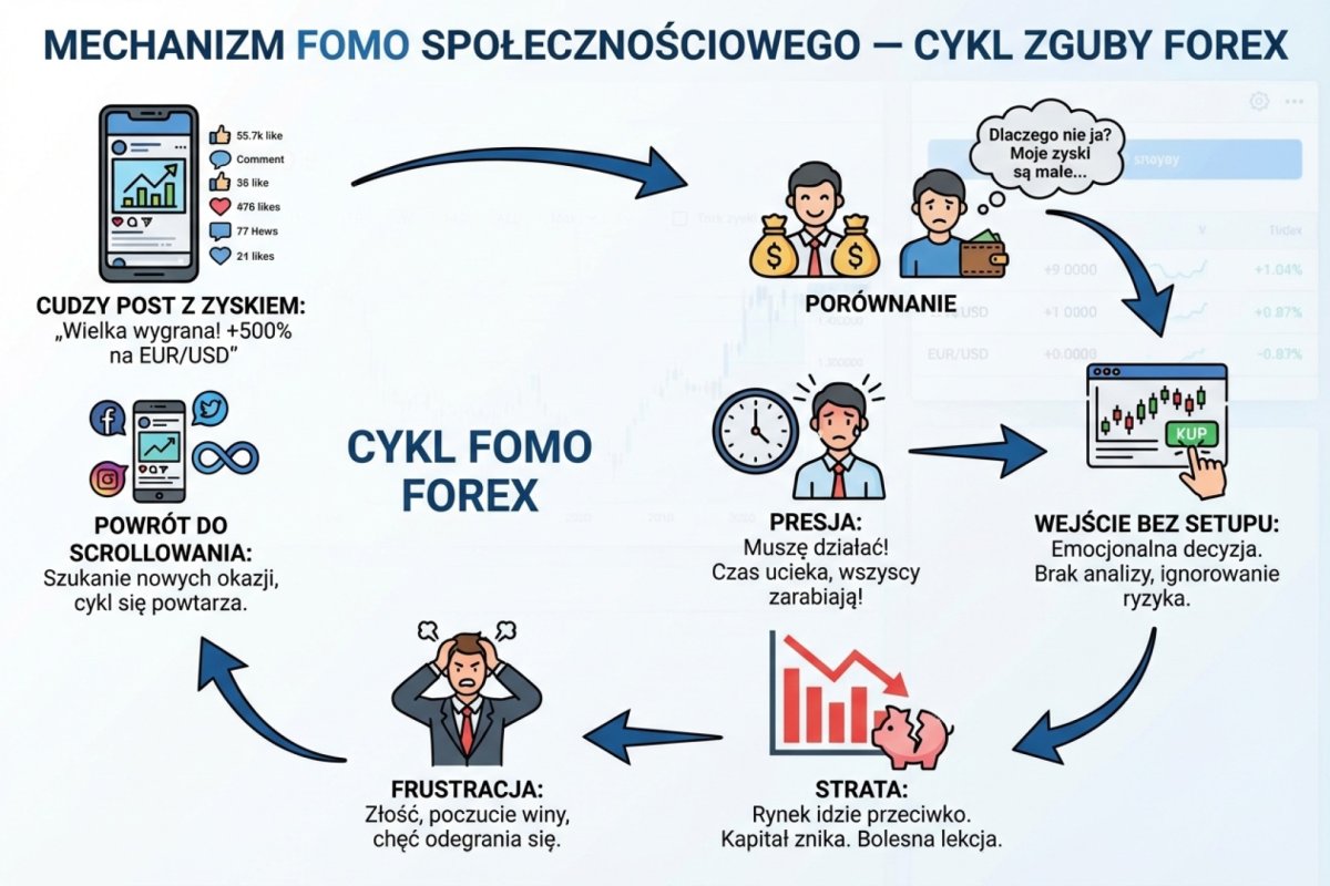 Mechanizm FOMO społecznościowego — schemat: cudzy post z zyskiem → porównanie → presja → wejście bez setupu → strata → frustracja → powrót do scrollowania