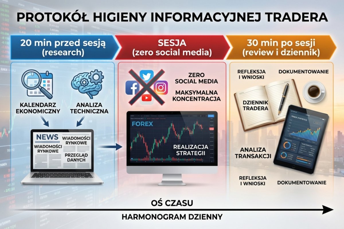 Protokół higieny informacyjnej tradera — timeline: 20 min przed sesją (research), sesja (zero social media), 30 min po sesji (review i dziennik)
