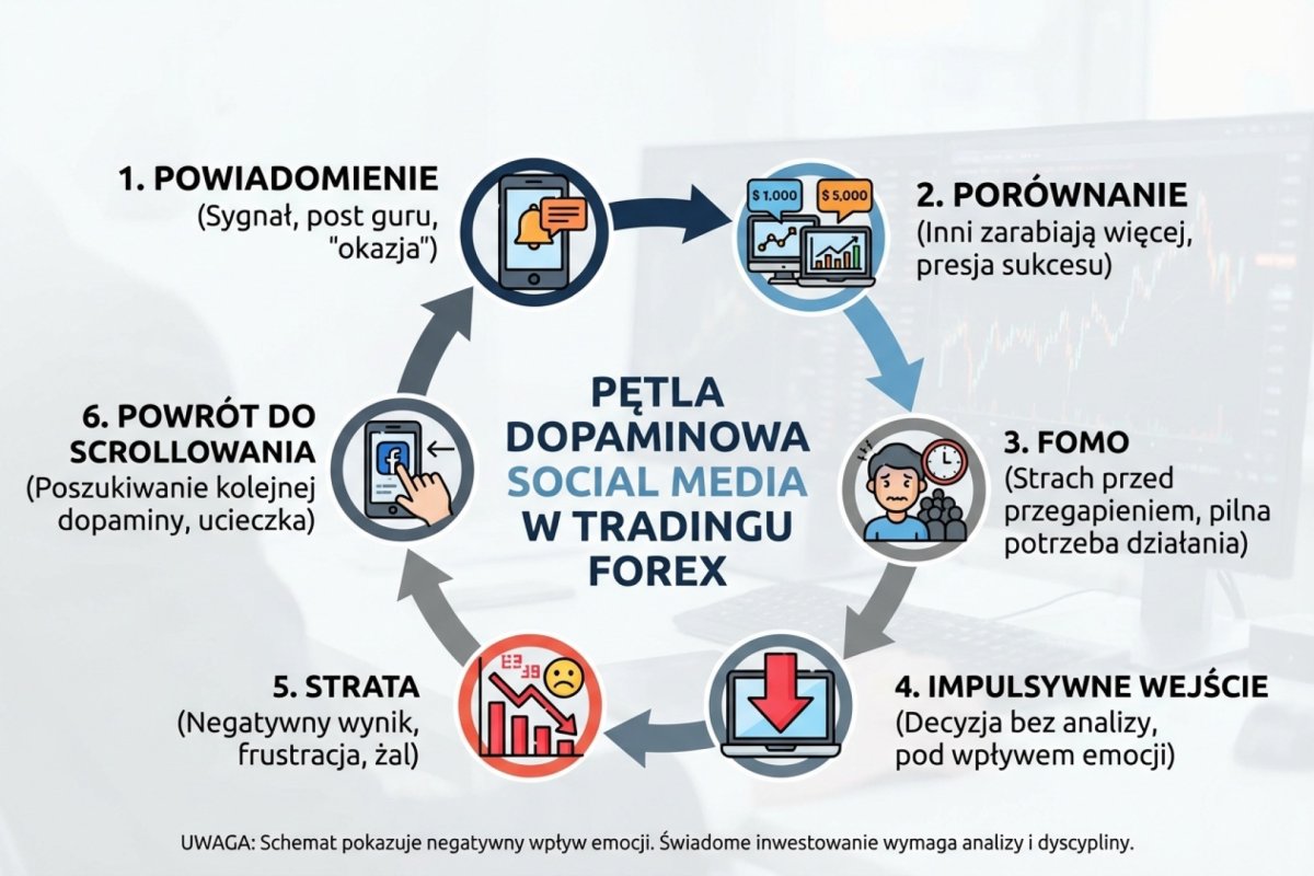 Schemat: pętla dopaminowa social media w tradingu — powiadomienie, porównanie, FOMO, impulsywne wejście, strata, powrót do scrollowania
