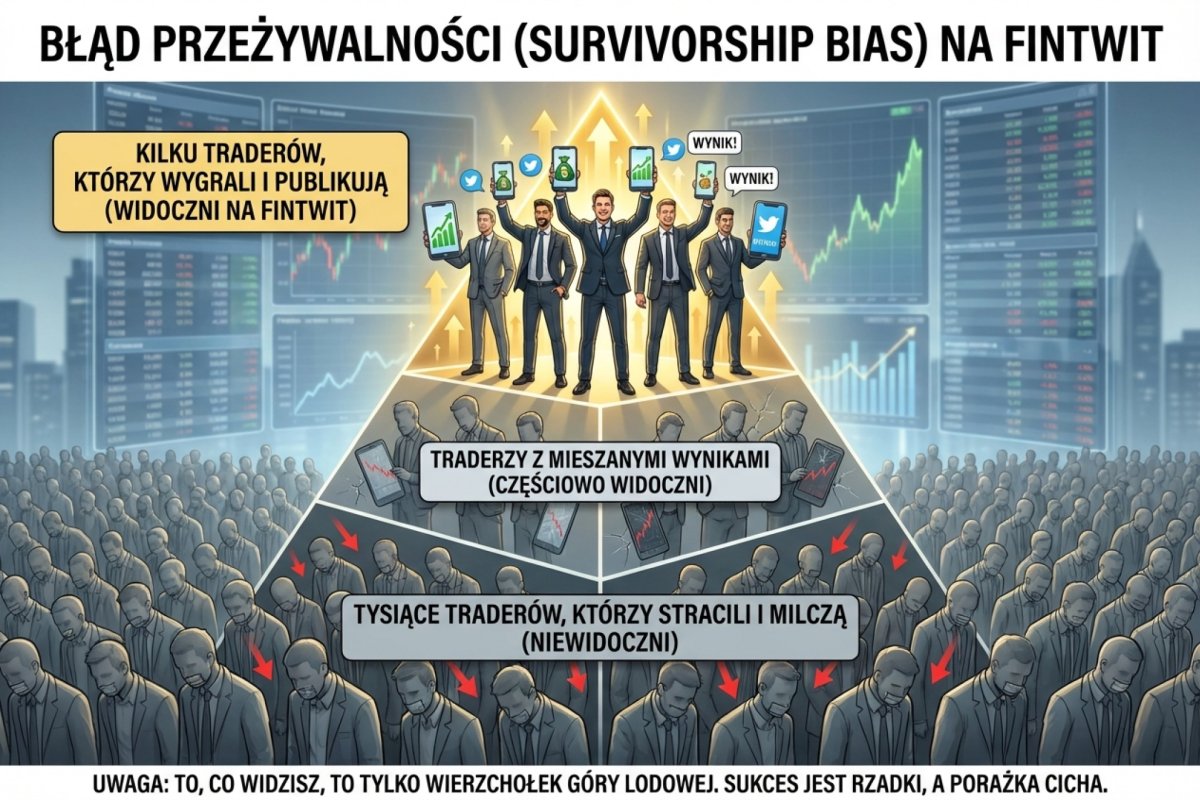 Survivorship bias na FinTwit — piramida: na dole tysiące traderów, którzy stracili i milczą, na szczycie kilku, którzy wygrali i publikują
