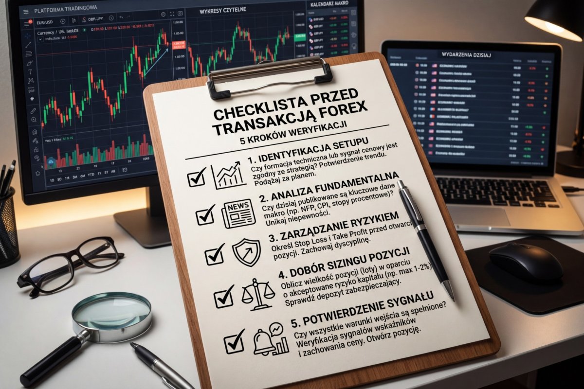 Wydrukowana checklista tradera przed transakcją — 5 punktów weryfikacji od setupu przez sizing po kalendarz makro