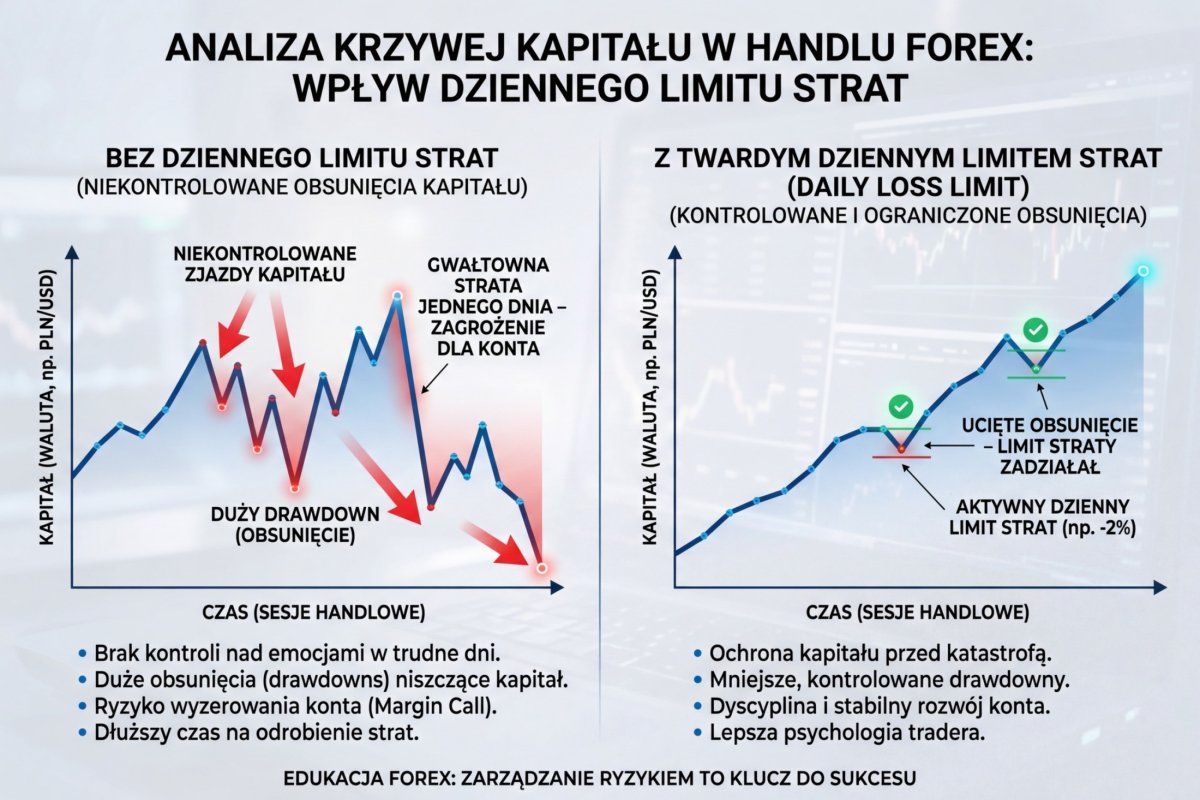 Krzywa kapitału z twardym Daily Loss Limit vs bez limitu — ucięte drawdowny po prawej, niekontrolowane zjazdy po lewej