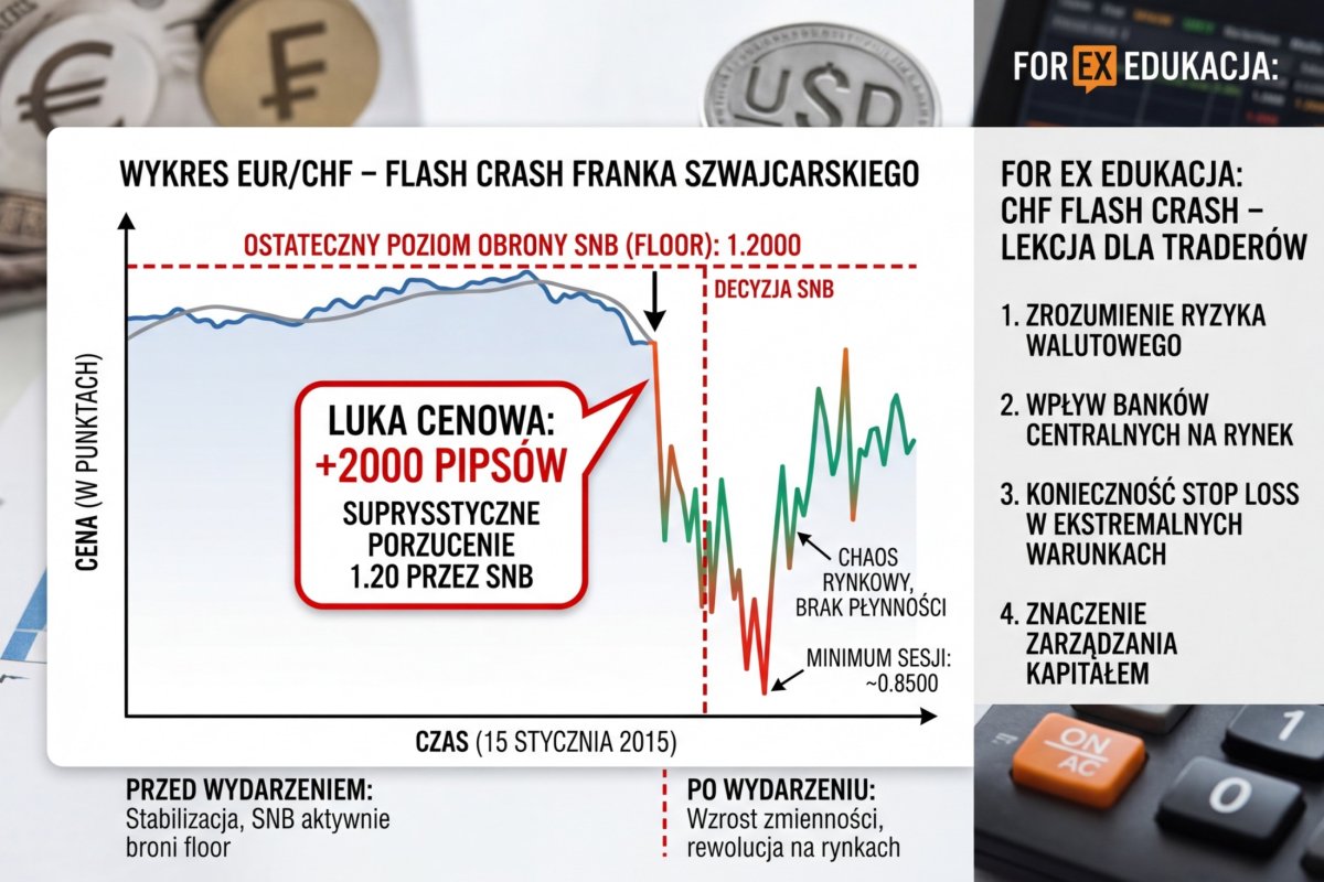Flash crash CHF 15 stycznia 2015 — wykres EUR/CHF z luką cenową 2000+ pipsów po decyzji SNB o porzuceniu floor 1.20