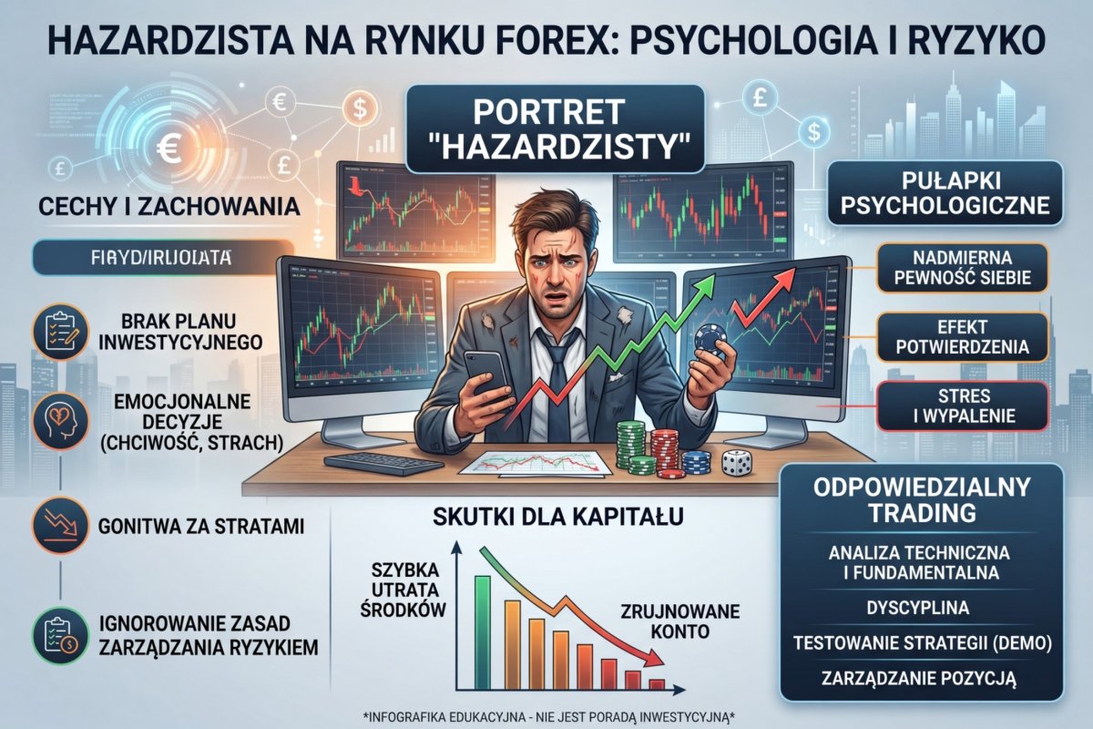 Gambler's fallacy — ilustracja: ruletka z serią 5 czarnych i trader patrzący na 5 czerwonych świec z przekonaniem, że następna musi być zielona