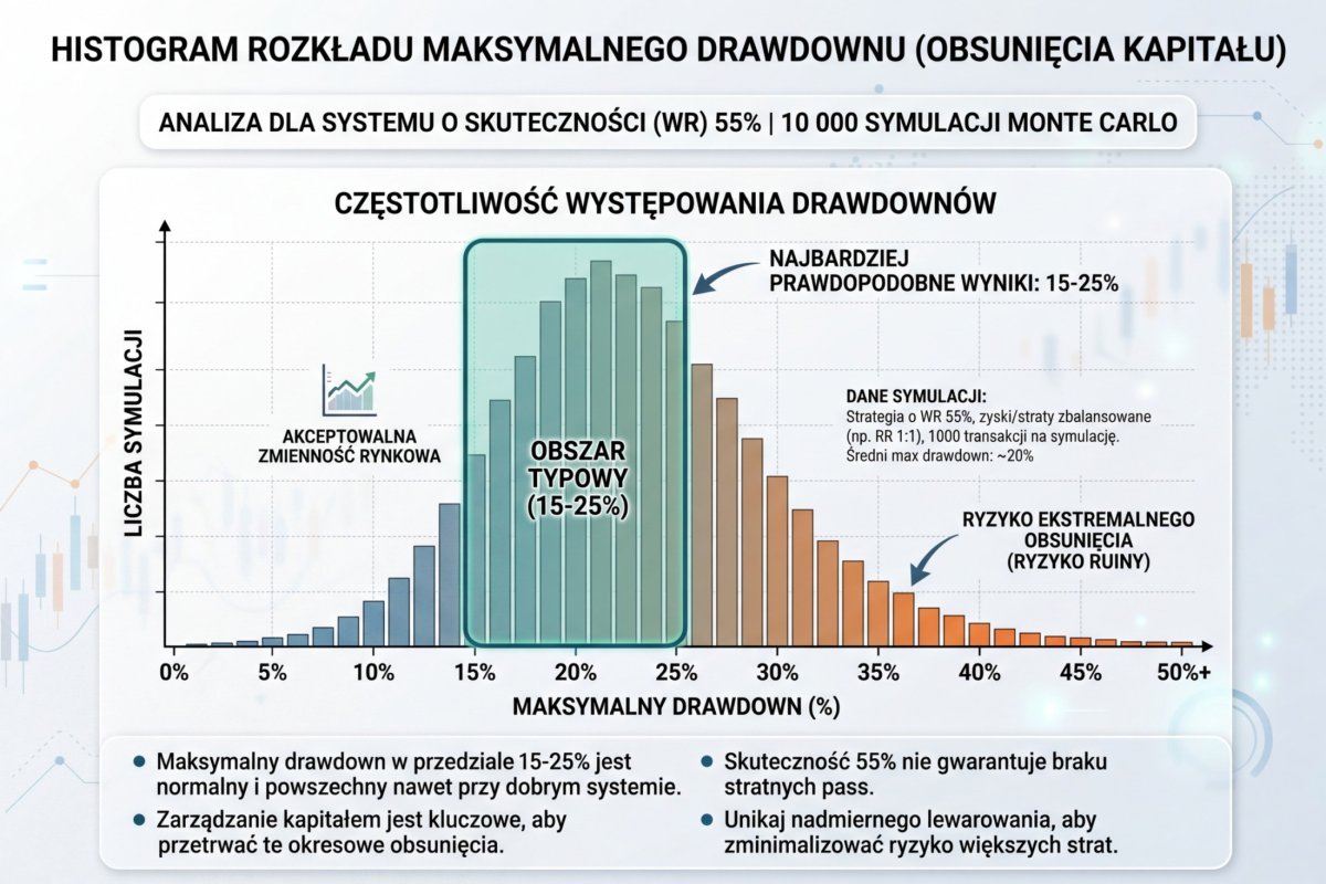 Histogram rozkładu maksymalnego drawdownu z 10000 symulacji Monte Carlo — pokazuje, że drawdown 15-25% jest normalny nawet przy systemie z WR 55%