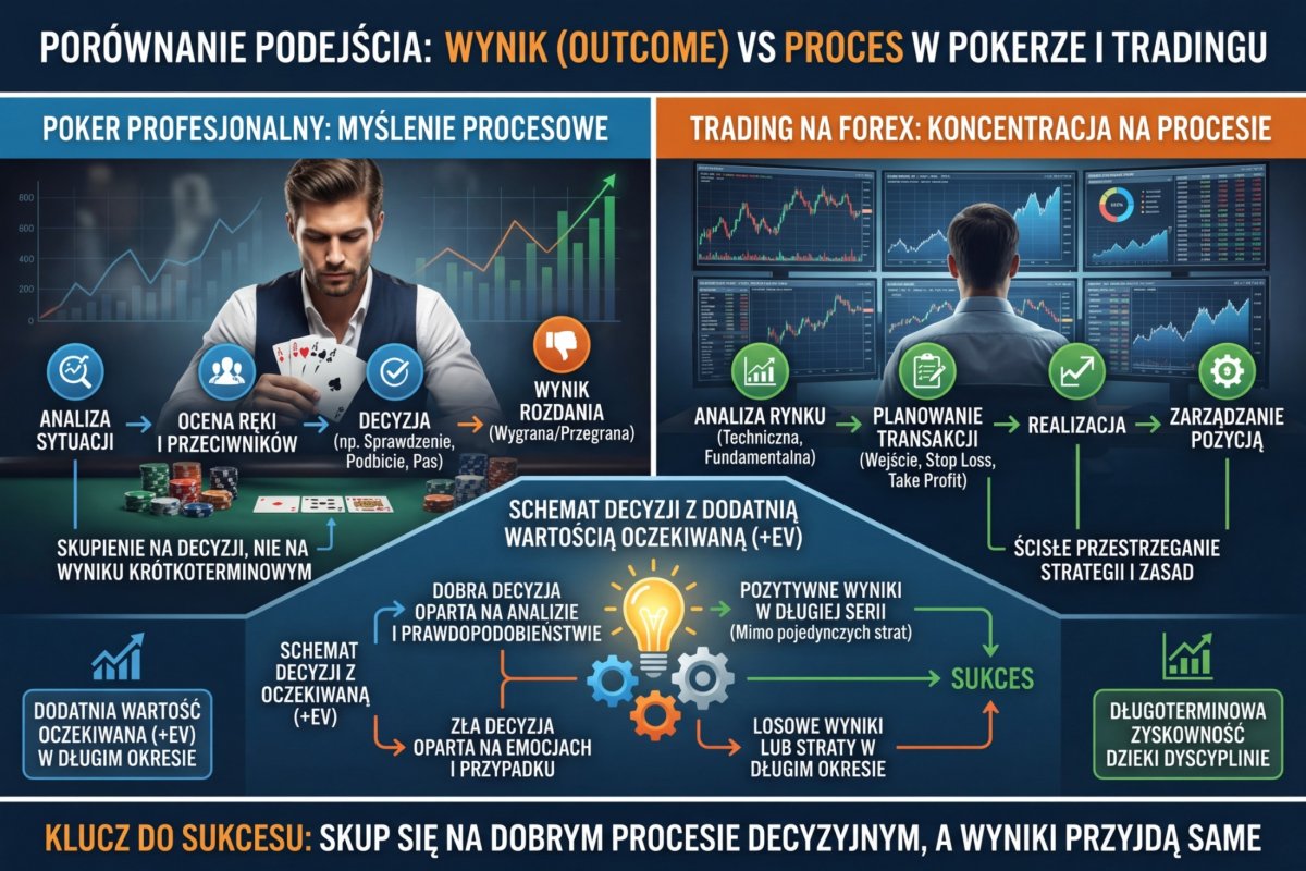 Porównanie podejścia outcome vs process — poker profesjonalny i trading, schemat decyzji z dodatnią wartością oczekiwaną