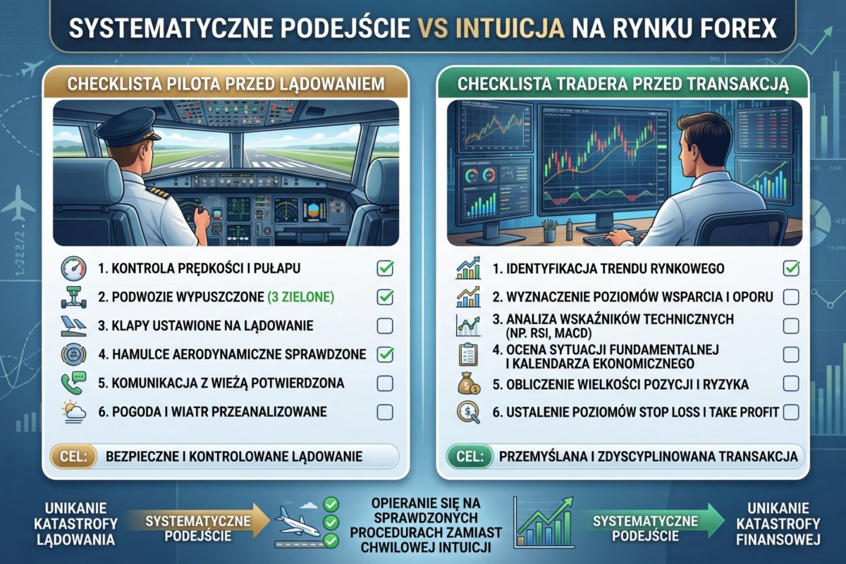 Analogia: checklista pilota przed lądowaniem i checklista tradera przed transakcją — systematyczne podejście zamiast intuicji