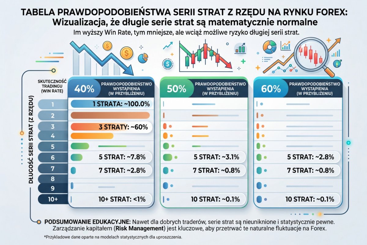 Tabela prawdopodobieństwa serii strat z rzędu przy różnych win rate — wizualizacja, że długie serie strat są matematycznie normalne