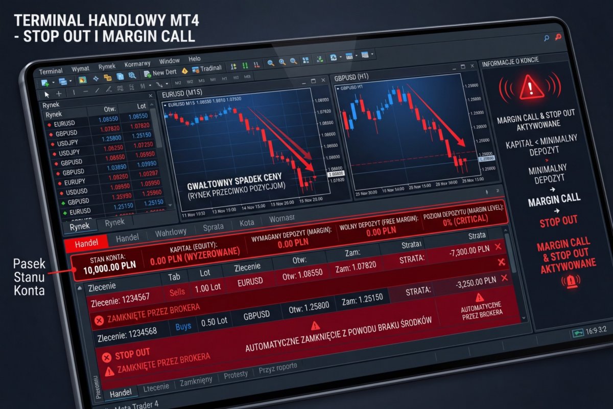 Zrzut ekranu z terminala MT4 — Stop Out i Margin Call: wyzerowane equity, pozycje zamknięte przez brokera z czerwonym tłem, rząd stratnych pozycji