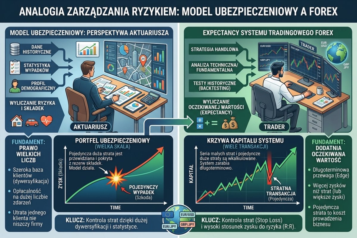 Analogia zarządzania ryzykiem: model ubezpieczeniowy (aktuariusz wyceniający straty) a expectancy systemu tradingowego — pojedynczy wypadek nie niszczy modelu