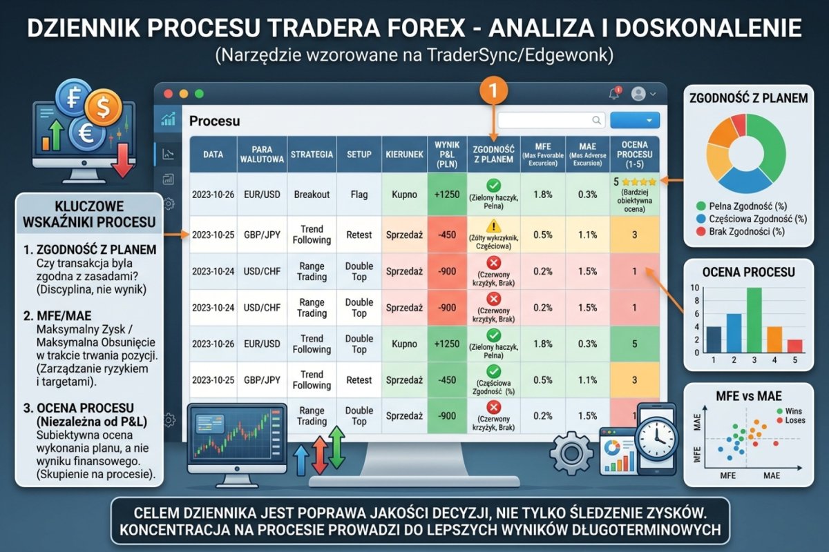 Dziennik procesu tradera — widok z narzędzia typu TraderSync/Edgewonk z kolumną zgodności z planem, MFE/MAE i oceną procesu niezależną od P&L