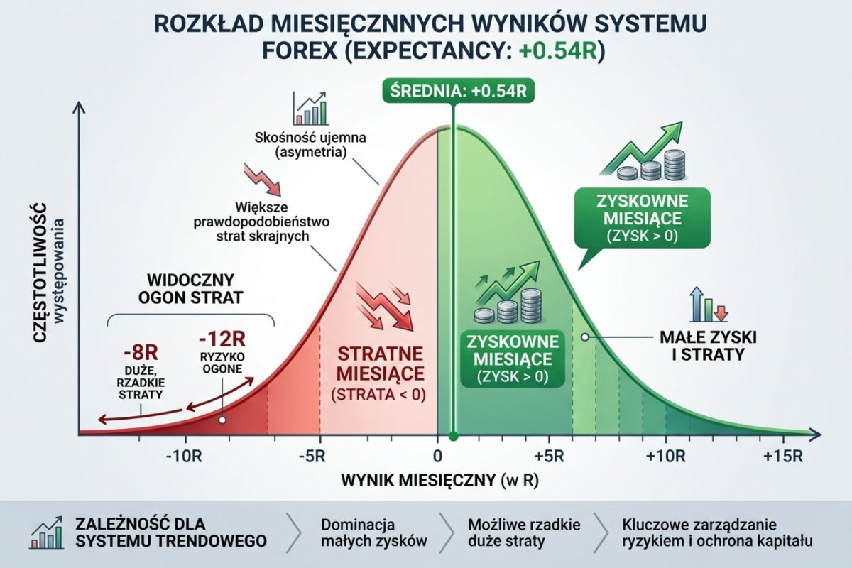 Rozkład miesięcznych wyników systemu z expectancy +0,54R — normalny rozkład z widocznym ogonem po stronie strat