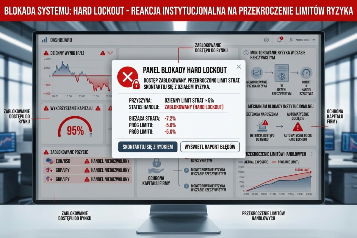 Dashboard zarządzania ryzykiem zablokowany przez Hard Lockout — instytucjonalna reakcja na przekroczenie limitów, odcinająca tradera od rynku