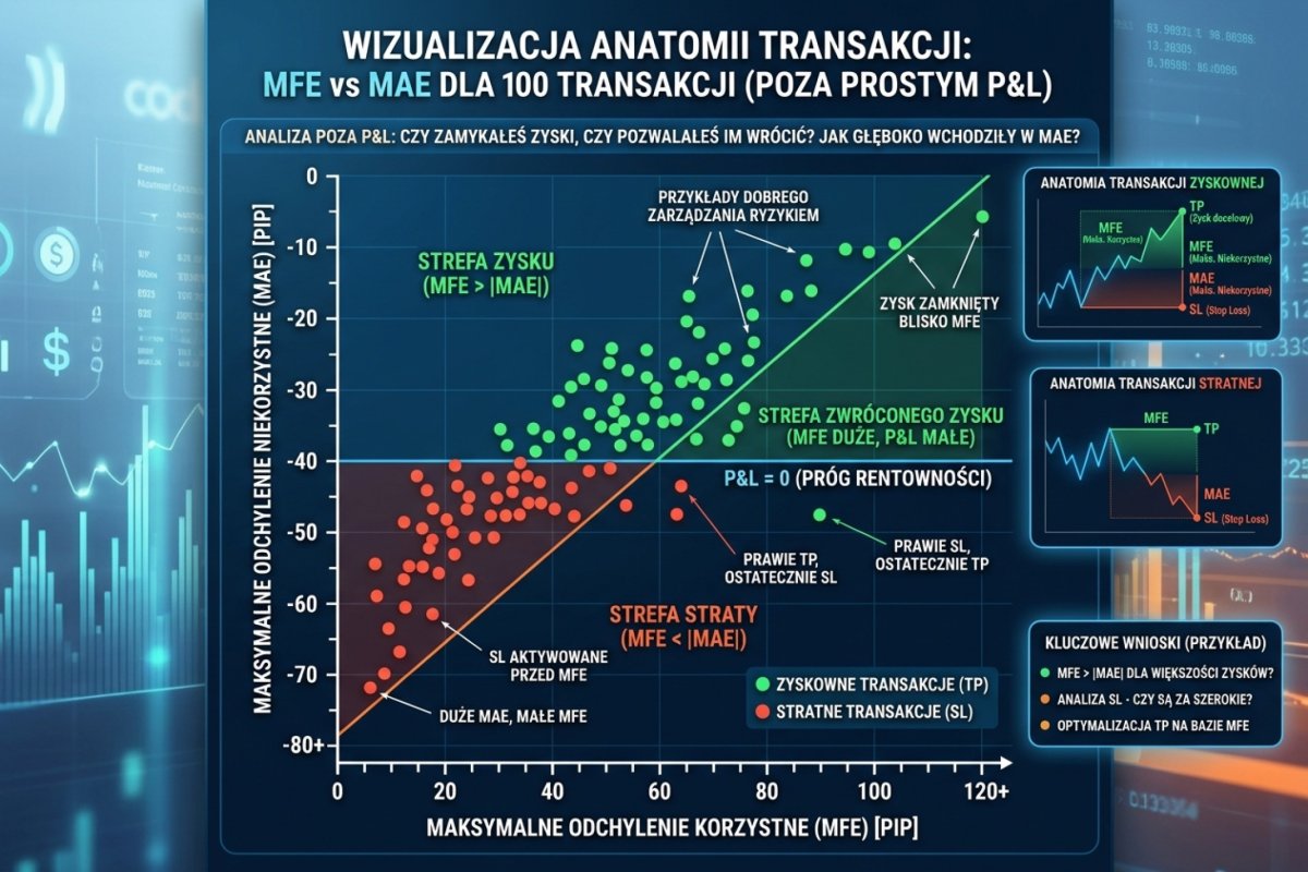 Wykres MFE vs MAE dla 100 transakcji — wizualizacja anatomii transakcji poza prostym P&L, z zaznaczonymi strefami zysku i straty