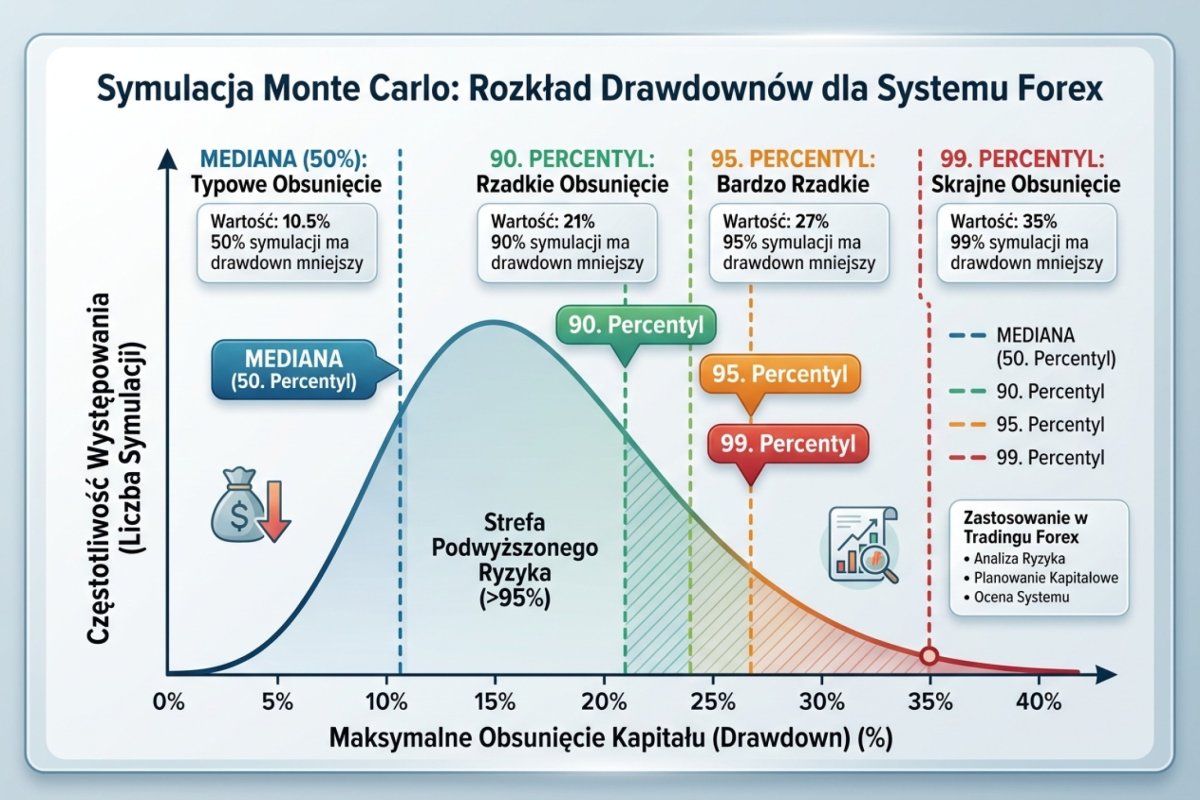 Monte Carlo — rozkład drawdownów z zaznaczonymi percentylami: mediana, 90., 95. i 99. percentyl dla typowego systemu tradingowego