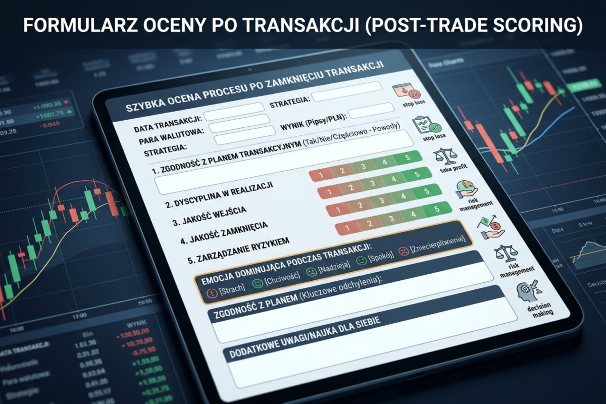 Formularz post-trade scoring — szybka ocena procesu po zamknięciu transakcji z polem na emocję dominującą i zgodność z planem