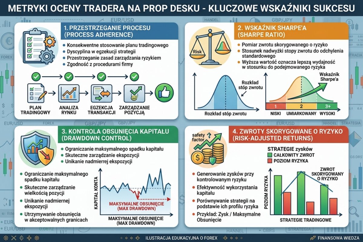 Metryki oceny tradera na prop desku — process adherence, Sharpe Ratio, drawdown control, risk-adjusted returns