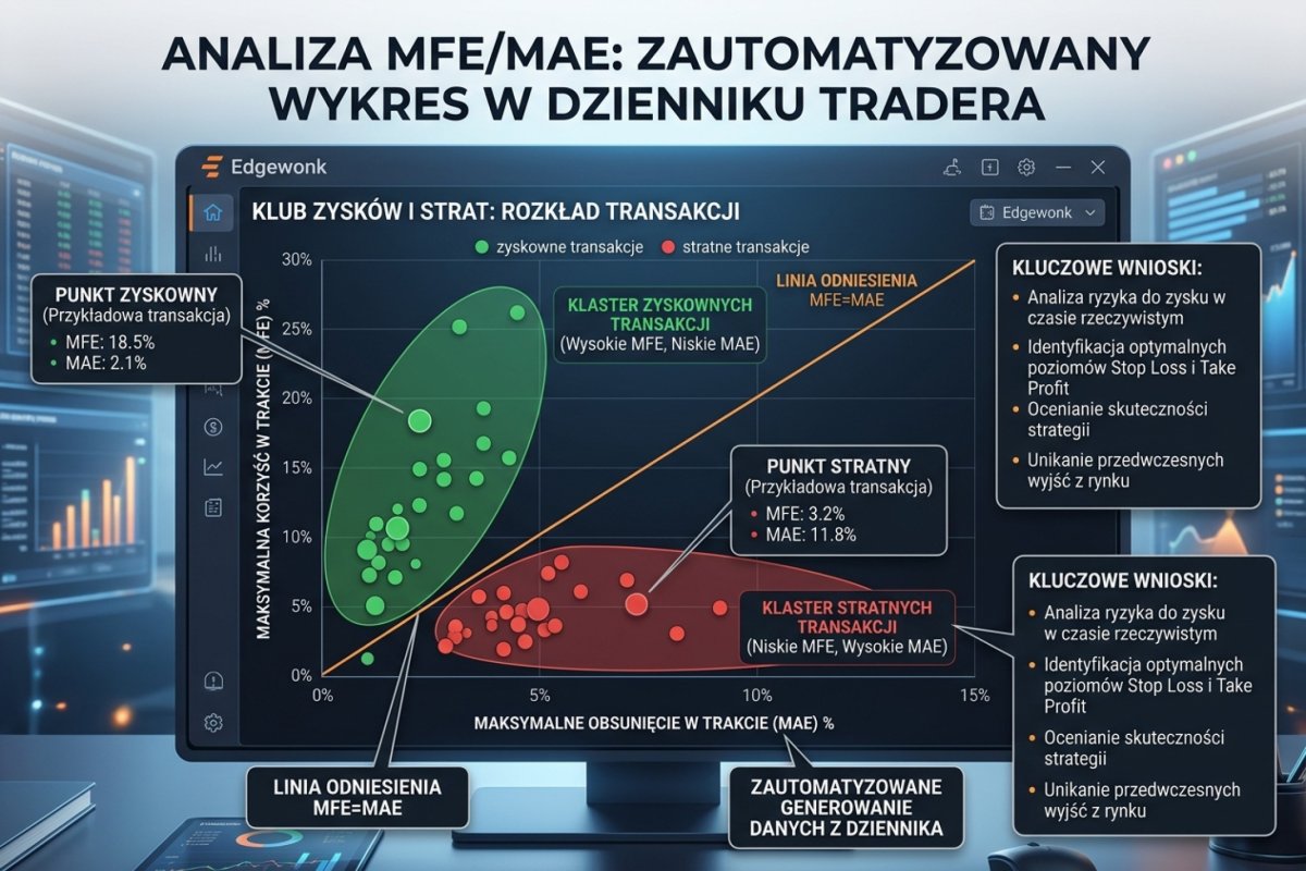 Zautomatyzowany wykres MFE/MAE w profesjonalnym dzienniku (np. Edgewonk/TraderSync) pokazujący klastry zyskownych i stratnych transakcji