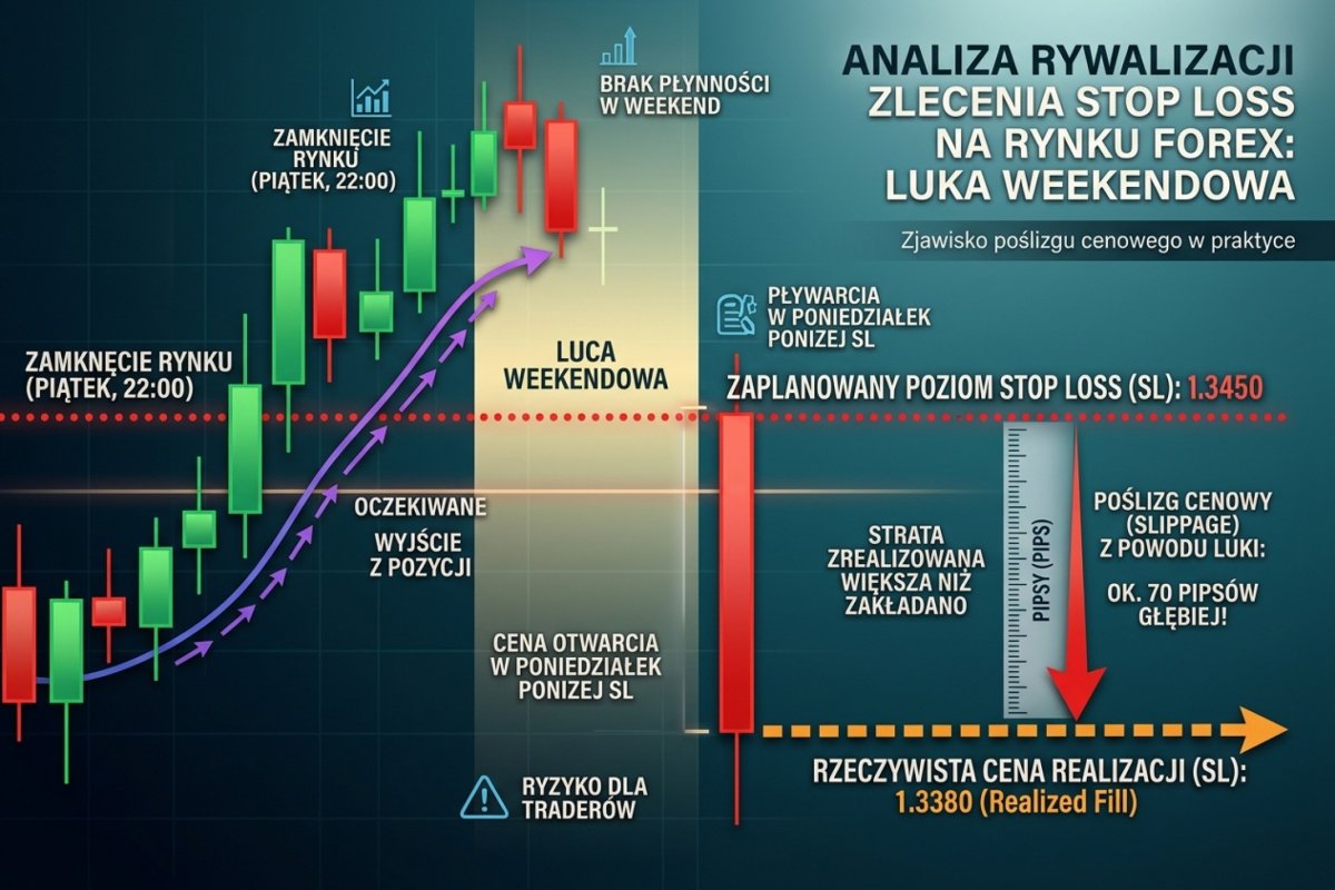 Wykres świecowy z luką weekendową przeskakującą przez zaznaczony poziom Stop Loss — realized fill kilkudziesięciu pipsów dalej niż plan
