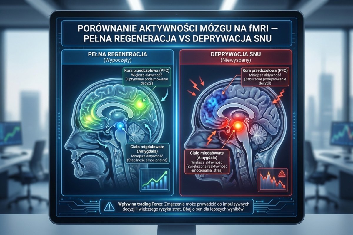 Porównanie aktywności mózgu na fMRI — pełna regeneracja vs deprywacja snu: mniejsza aktywność PFC, większa aktywność amygdali