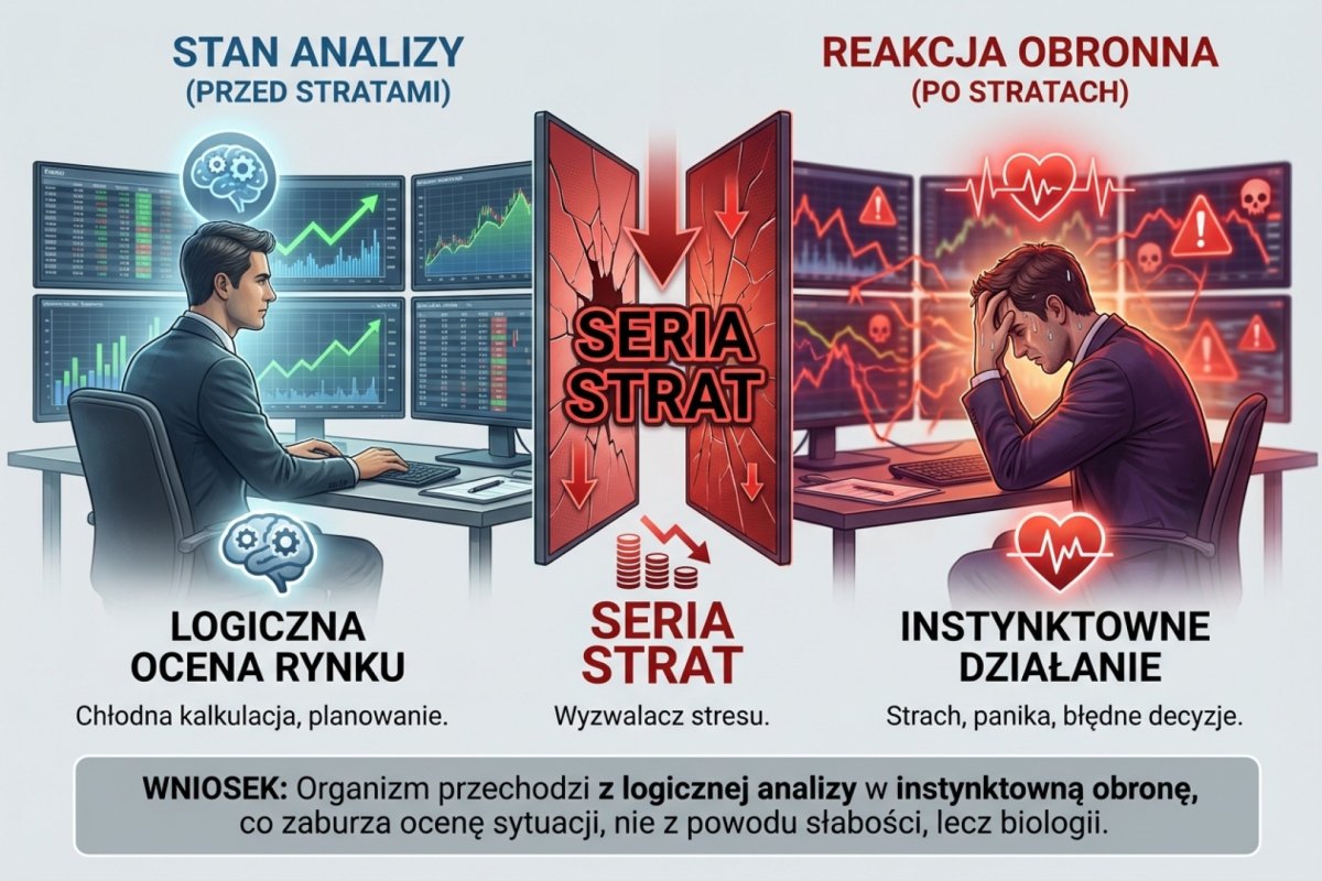 Po serii strat nie widzisz rynku gorzej dlatego, że „jesteś słaby". Widzisz go gorzej, bo organizm przeszedł z analizy w reakcję obronną
