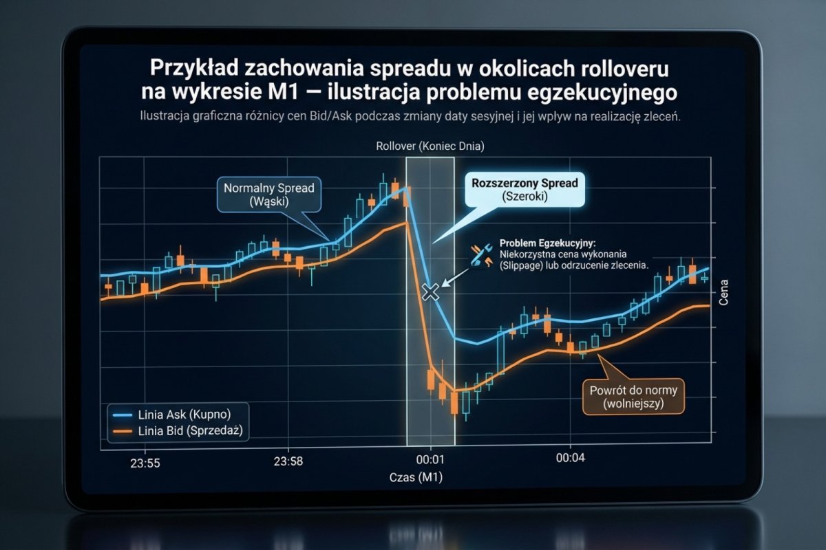 Przykład zachowania spreadu w okolicach rolloveru na wykresie M1 — ilustracja problemu egzekucyjnego