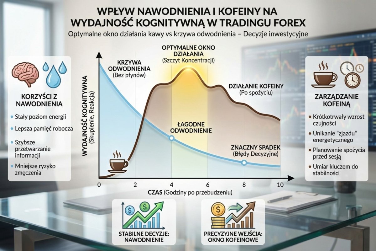 Wpływ nawodnienia i kofeiny na wydajność kognitywną — optymalne okno działania kawy vs krzywa odwodnienia