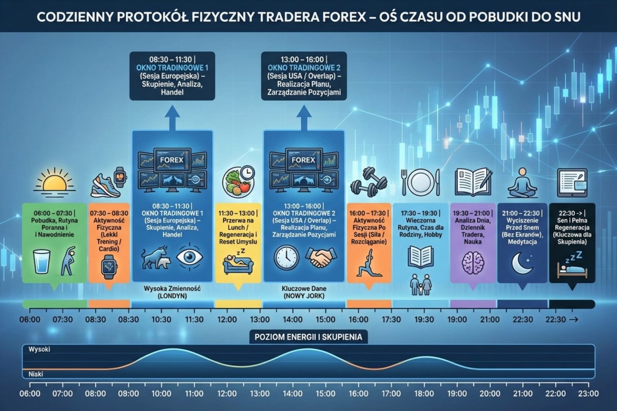 Codzienny protokół fizyczny tradera — timeline od pobudki do snu z zaznaczonymi oknami tradingowymi, przerwami i aktywnościami fizycznymi