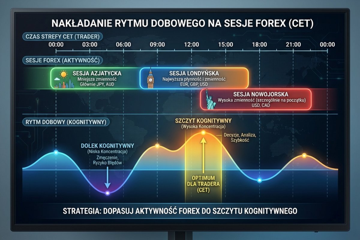 Nakładanie rytmu dobowego na sesje Forex — szczyt kognitywny vs sesja londyńska, nowojorska i azjatycka dla tradera w strefie CET