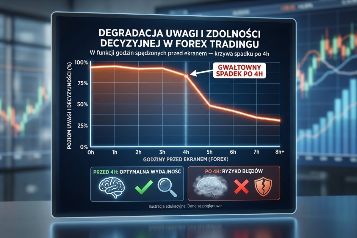 Degradacja uwagi i zdolności decyzyjnej w funkcji godzin spędzonych przed ekranem — krzywa spadku po 4h