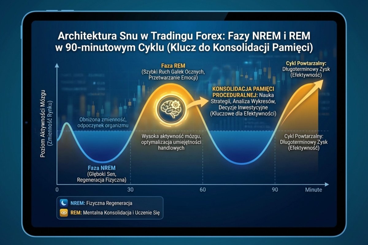Architektura snu — fazy NREM i REM w cyklu 90-minutowym, z zaznaczeniem konsolidacji pamięci proceduralnej w fazie REM