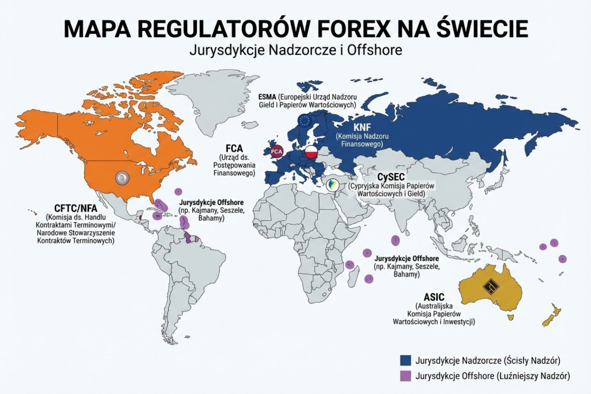Mapa regulatorów Forex na świecie — ESMA, FCA, ASIC, CFTC/NFA, KNF, CySEC i offshore: jurysdykcje nadzorcze