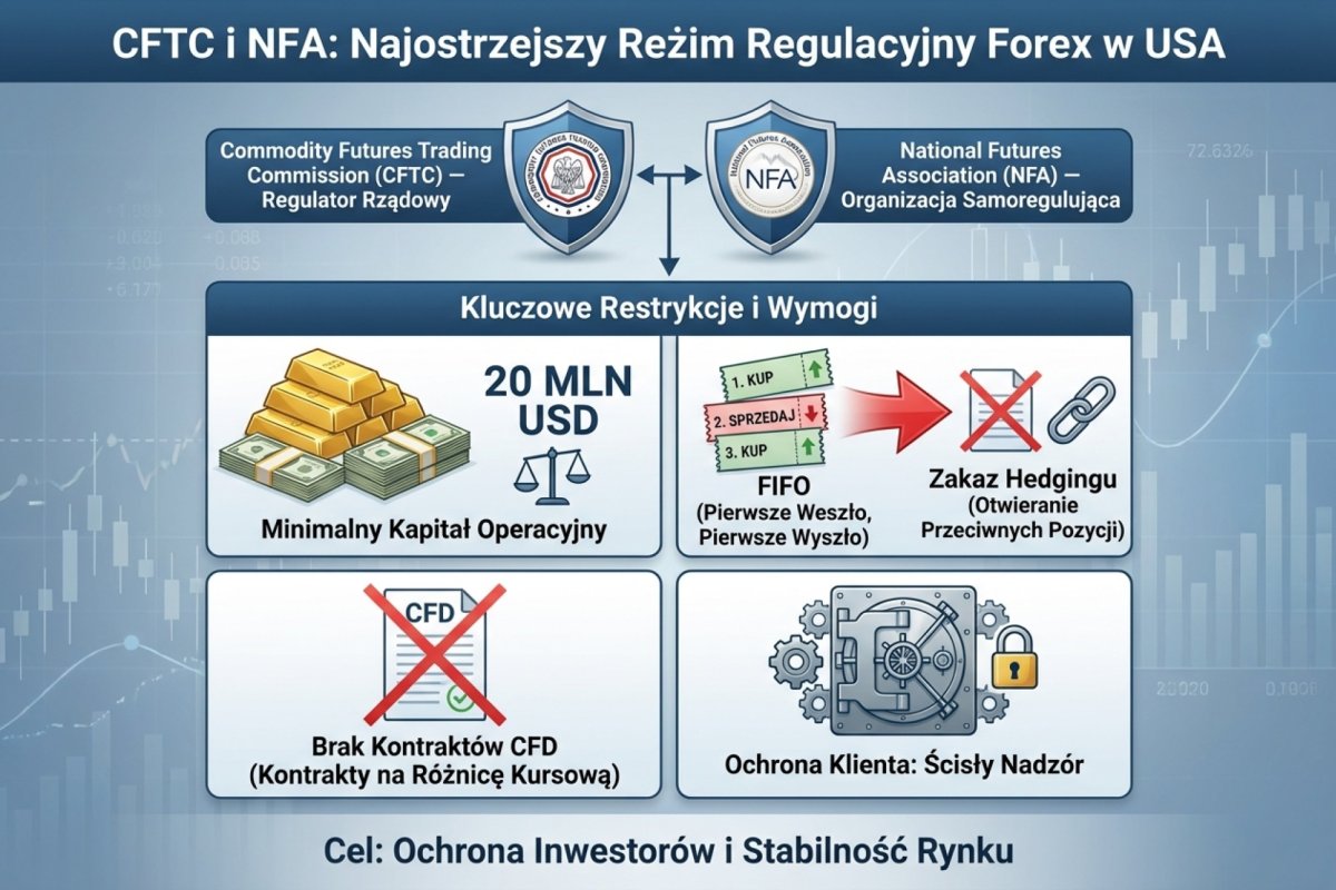 CFTC i NFA — najostrzejszy reżim regulacyjny Forex: wymogi kapitałowe 20 mln USD, FIFO, brak hedgingu i CFD
