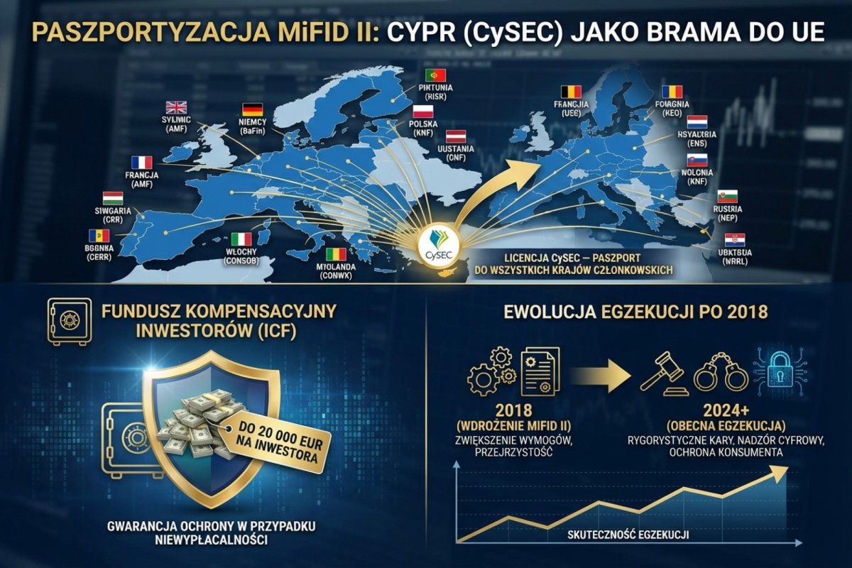 CySEC — passporting MiFID II z Cypru do 27 krajów UE, ICF 20 000 EUR, ewolucja egzekucji po 2018