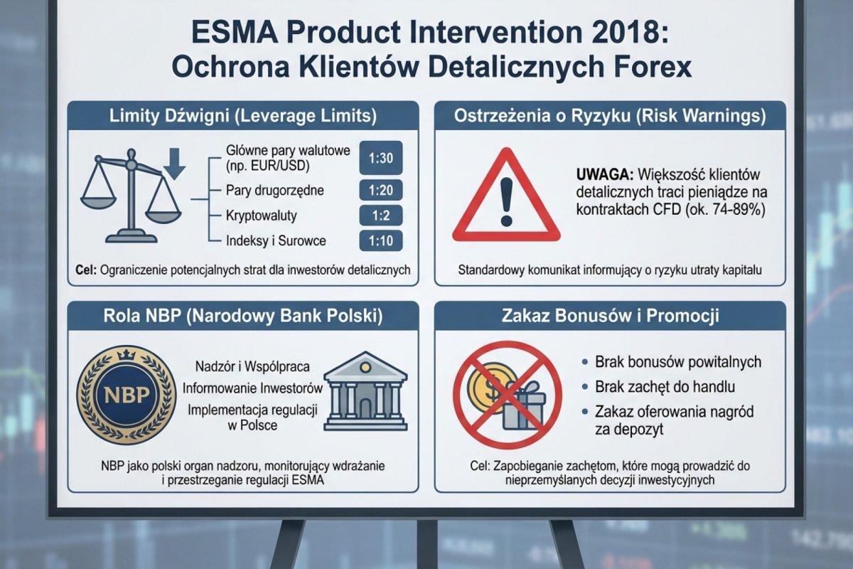 ESMA product intervention 2018 — limity dźwigni, NBP, ostrzeżenia o ryzyku i zakaz bonusów dla klientów detalicznych Forex