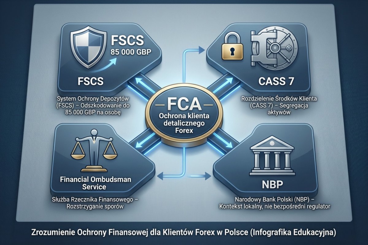 FCA — ochrona klienta detalicznego Forex: FSCS 85 000 GBP, CASS 7, NBP, Financial Ombudsman Service