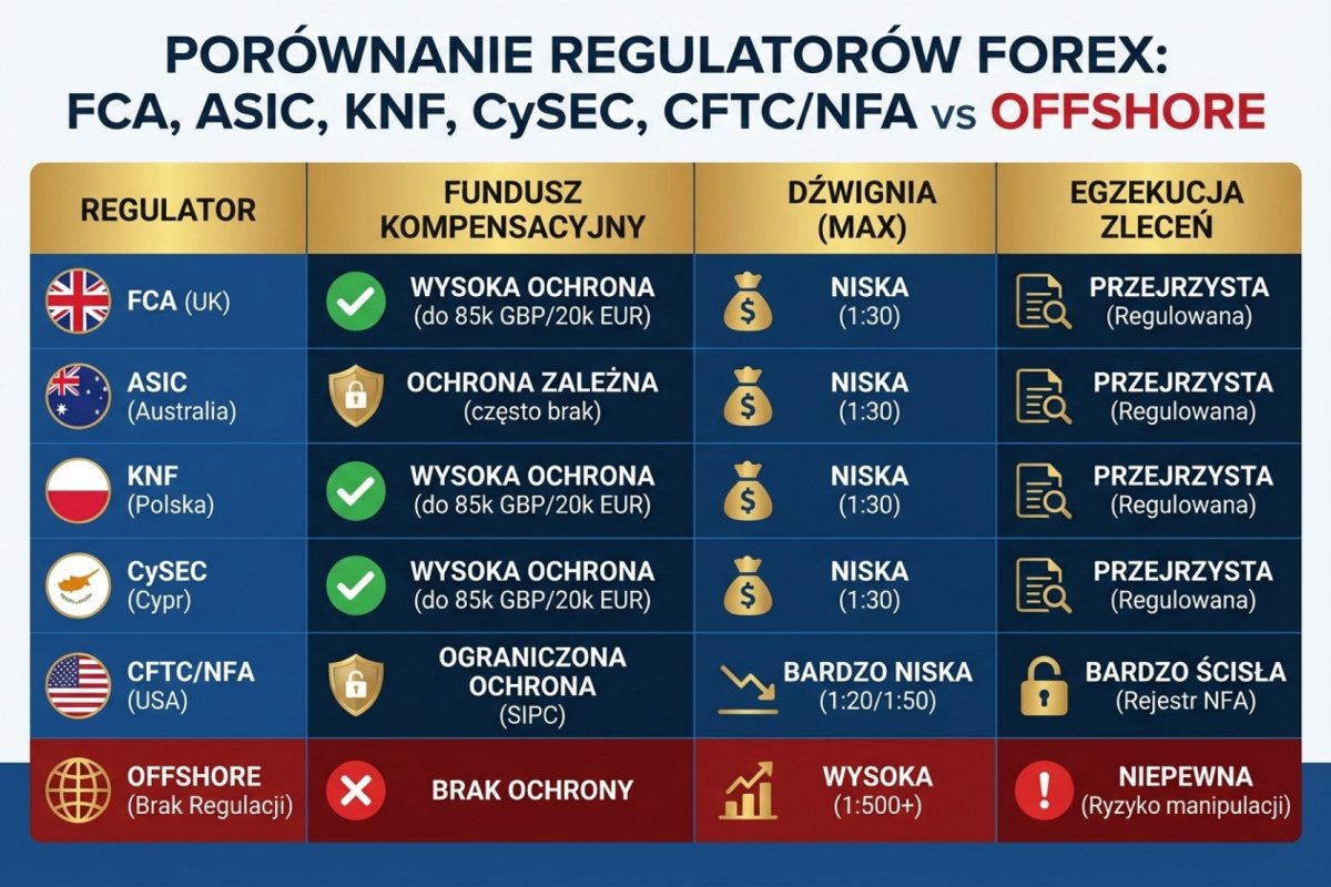 Porównanie regulatorów Forex: FCA, ASIC, KNF, CySEC, CFTC/NFA vs offshore — fundusz kompensacyjny, dźwignia, egzekucja