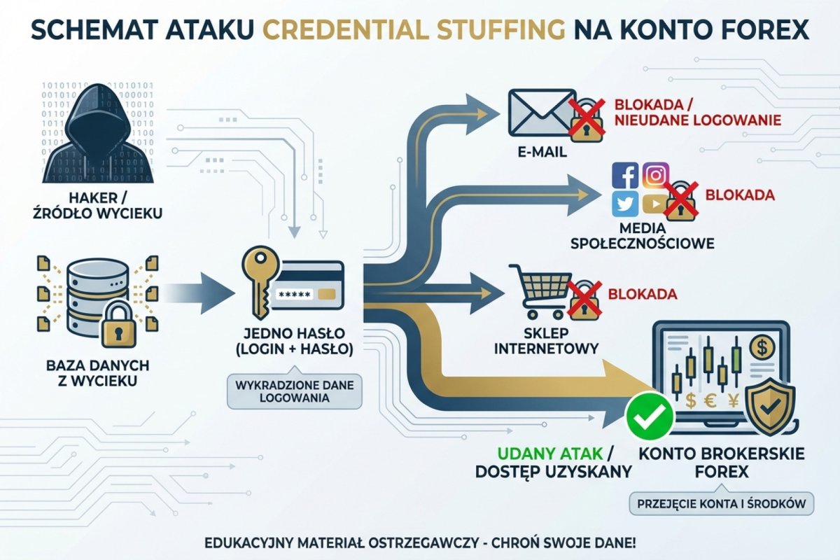 Schemat ataku credential stuffing — jedno hasło z wycieku testowane na wielu serwisach, w tym na koncie brokerskim