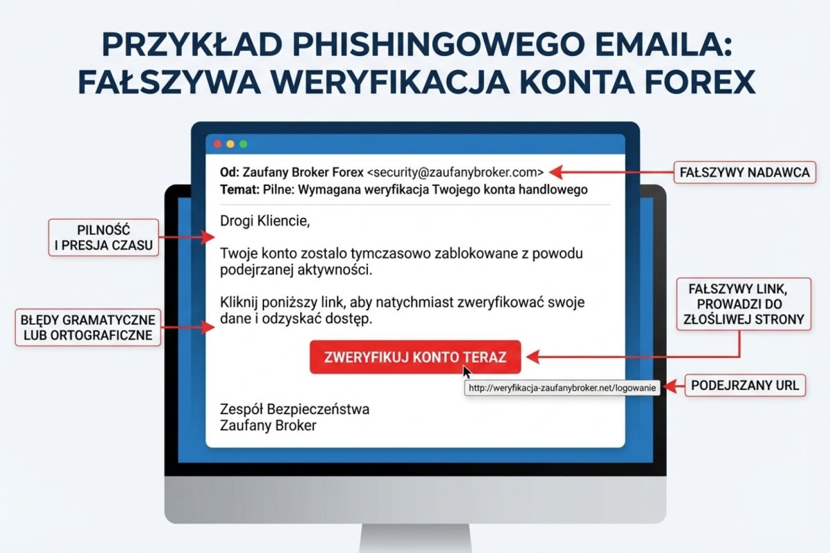 Przykład phishingowego emaila imitującego wiadomość od brokera — fałszywy link do weryfikacji konta