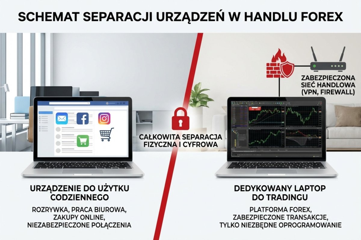 Schemat separacji urządzeń — dedykowany laptop do tradingu oddzielony od urządzenia do codziennego użytku