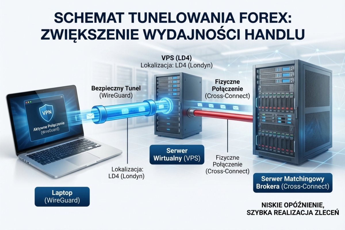 Schemat tunelowania: Laptop (WireGuard) → VPS (LD4) → Serwer Matchingowy Brokera (Cross-Connect)