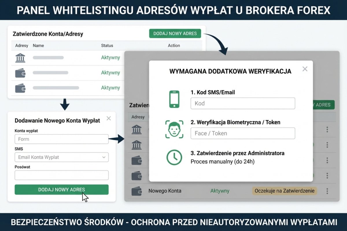 Panel whitelistingu adresów wypłat u brokera — dodanie nowego konta wymaga dodatkowej weryfikacji