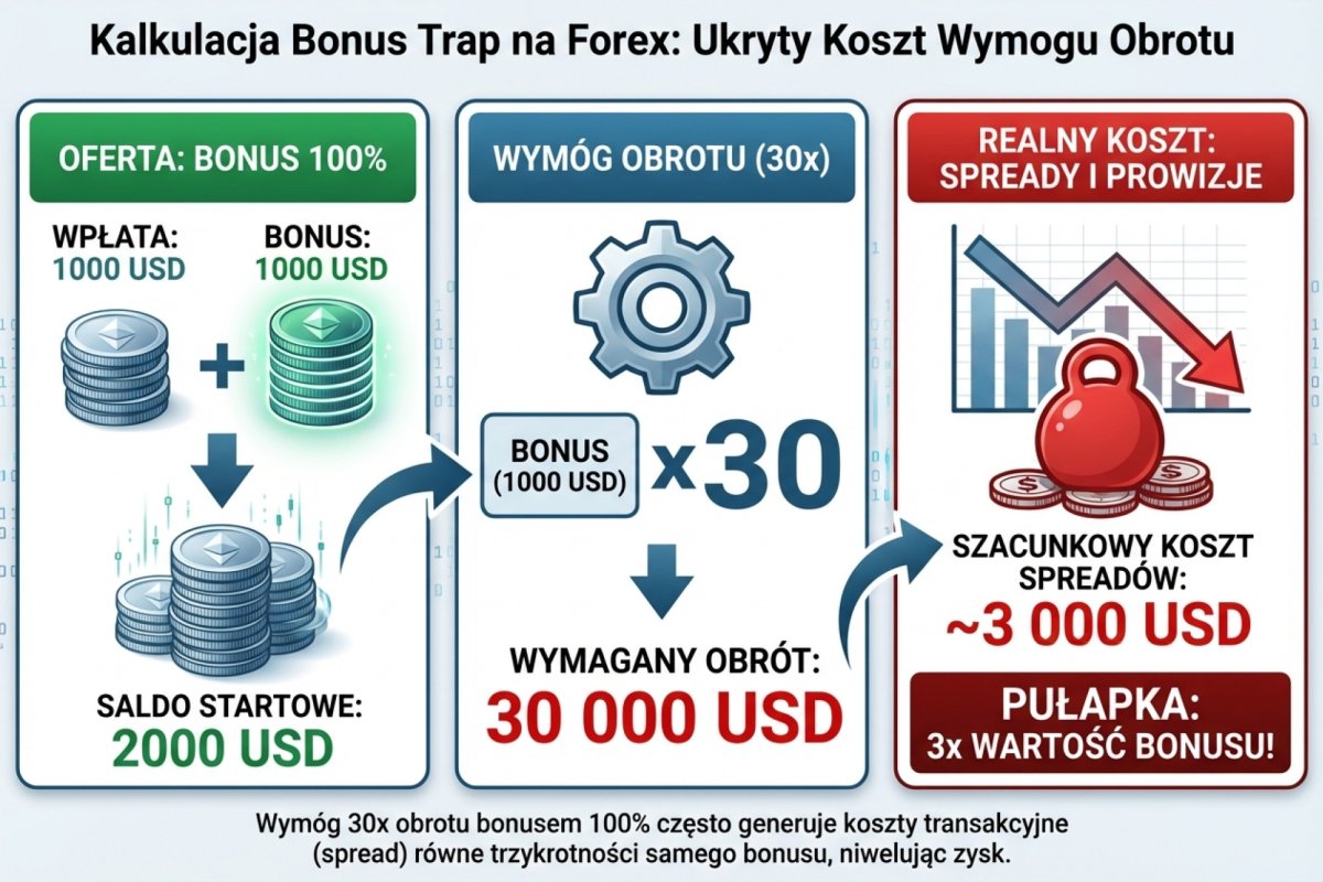 Kalkulacja bonus trap — bonus 100% z wymogiem obrotu 30x oznacza 3 000 USD w spreadach, trzykrotność samego bonusu