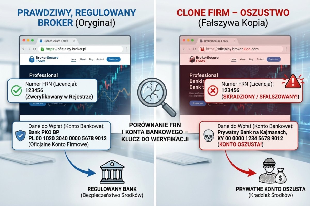 Schemat działania clone firm — kopia strony regulowanego brokera z podmienionym numerem konta bankowego i identycznym numerem FRN