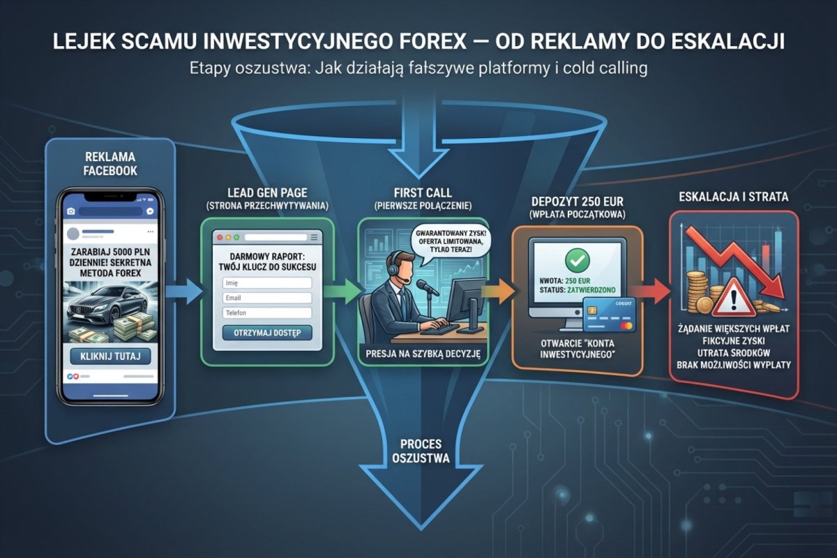 Lejek cold callingu scamu inwestycyjnego — od reklamy Facebook przez lead gen page, first call, depozyt 250 EUR do eskalacji