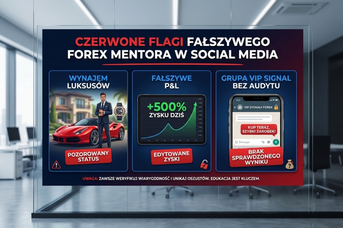 Red flags fałszywego Forex mentora w social media — wynajem luksusów, fałszywe P&L, VIP signal group bez audytowanego track recordu