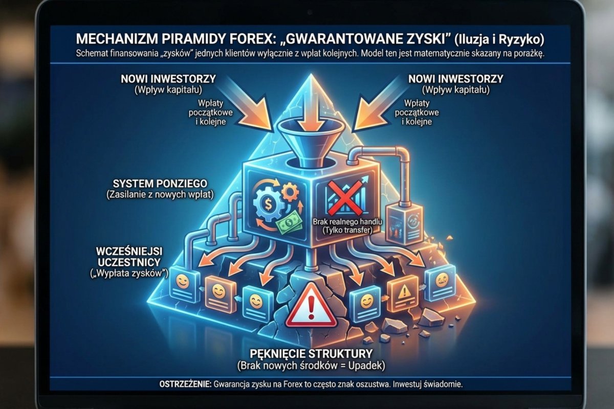 Mechanizm piramidy Forex z „gwarantowanymi zyskami" — wpłaty nowych klientów finansują „wypłaty zysków" starych klientów