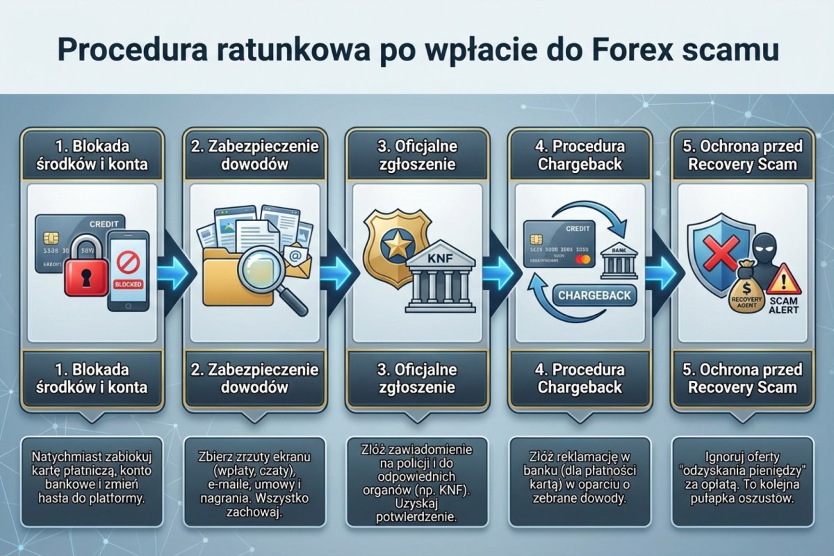 Procedura ratunkowa po wpłacie do scamu — 5 kroków: blokada, dowody, zgłoszenie, chargeback, ochrona przed recovery scam