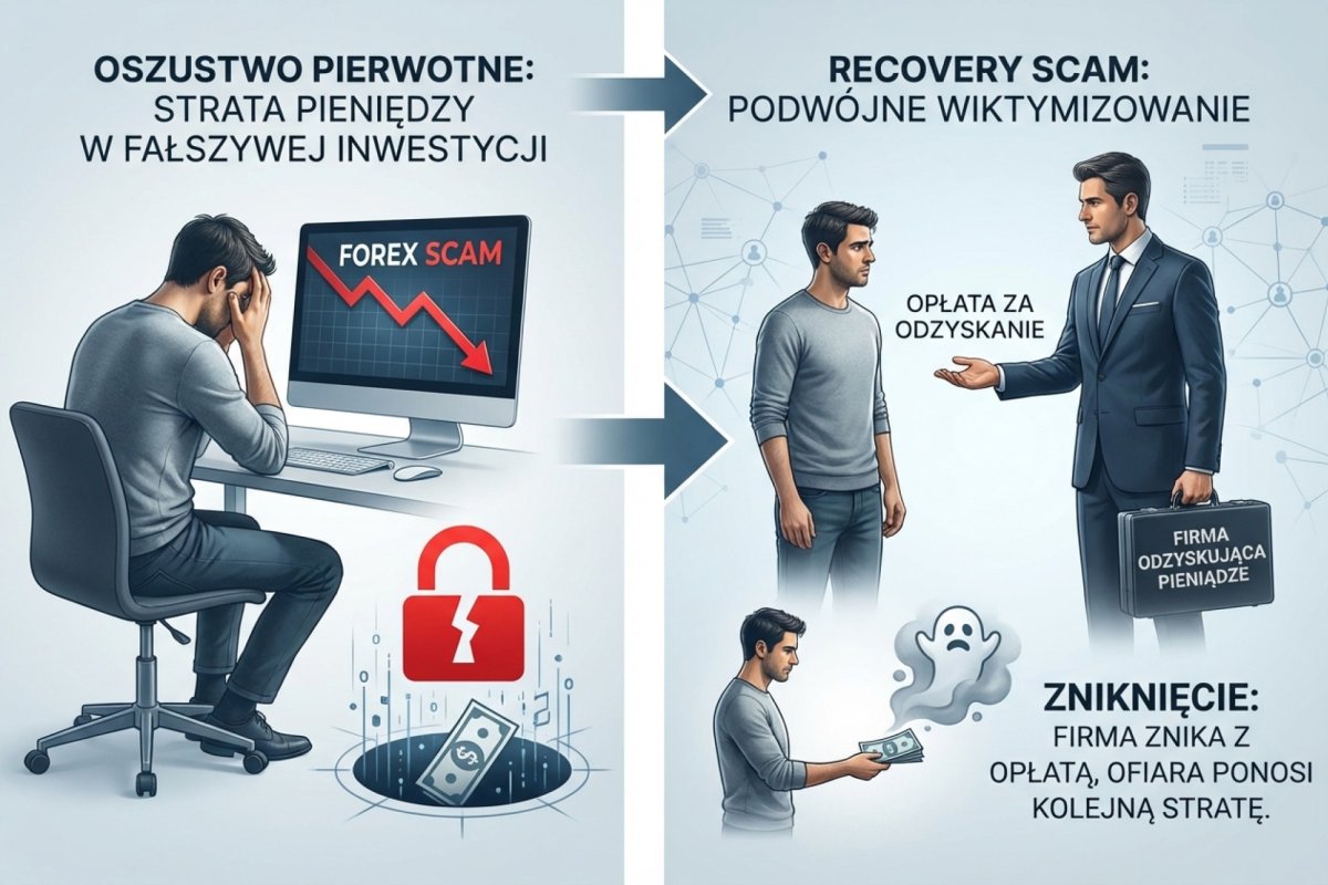 Recovery scam — schemat podwójnego wiktymizowania: po stracie w scamie ofiara trafia na „firmę odzyskującą pieniądze" która pobiera opłatę i znika